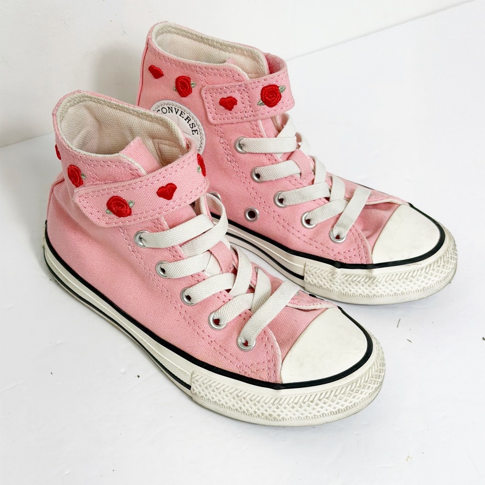 Converse High Top Sneakers Girls 12 Pink Rose Heart Embroidered Chuck Taylor